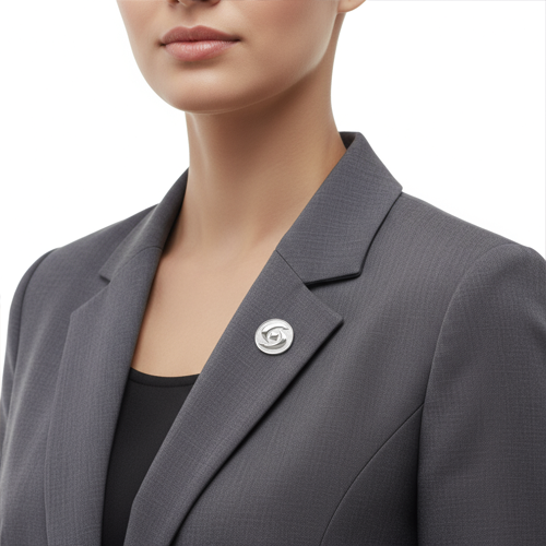 女性の胸元についてる社章のイメージ